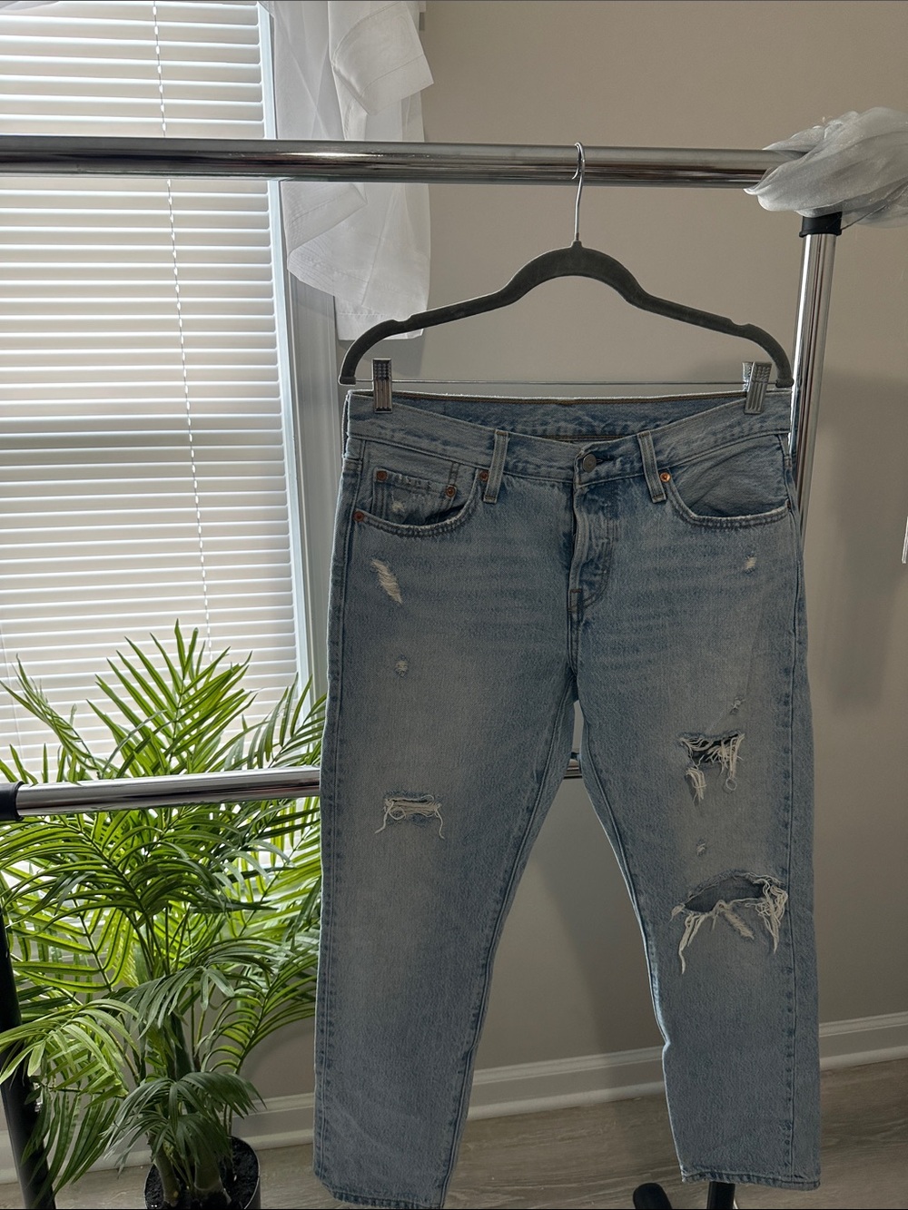 Levi's Light Blue Distressed button fly Straight Jeans. 501 collection